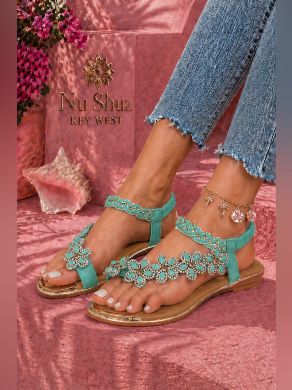 Restocked! Italina Green Flower Rhinestone Slingback Sandal